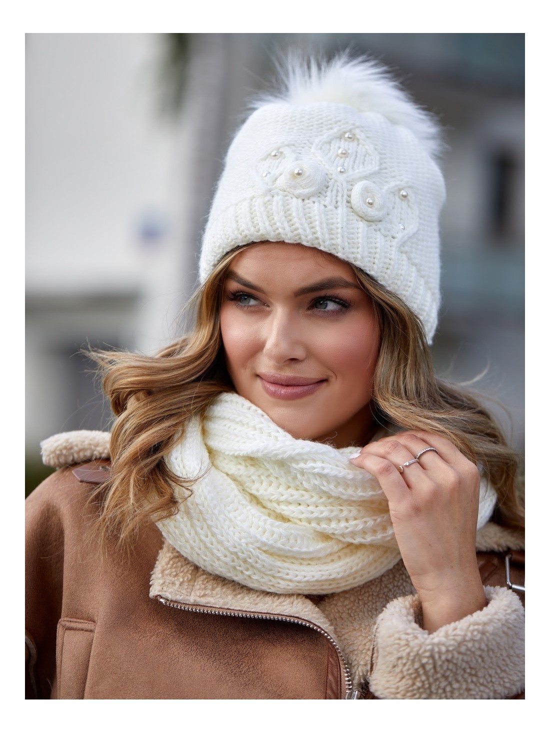 Beaded hat with a neck warmer for winter, cream C50 - Online store - Boutique